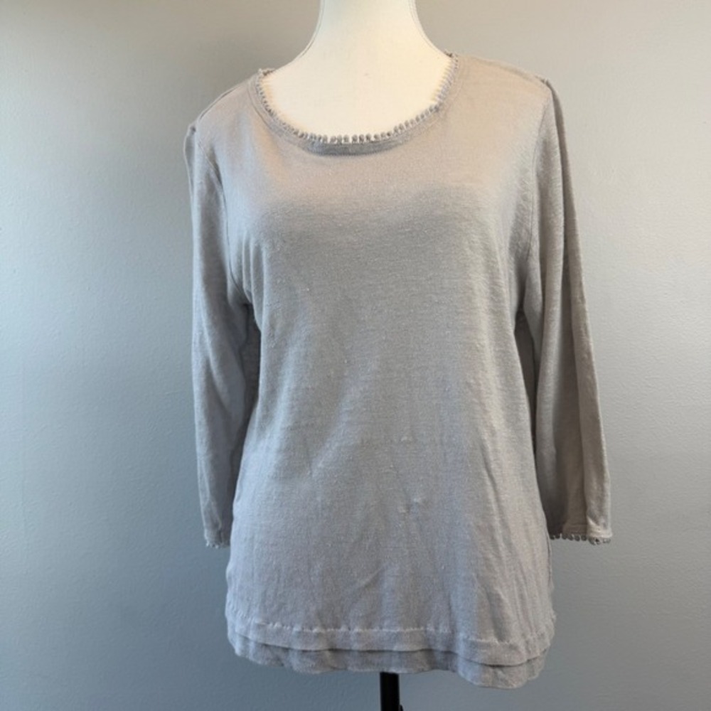 J. Jill Love Linen Gray 100% Linen Pom Pom 3/4‎ Sleeve Large Petite Lightweight